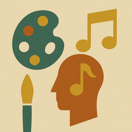 Eine Illustration mit einem Kopf und musikalischen Noten, das Kreativität und Musik verbindet.