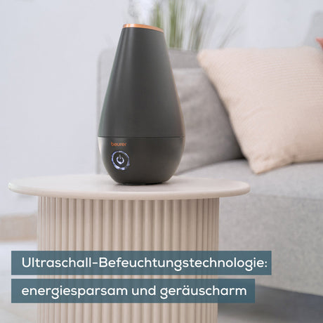 Dampfreiniger auf einem Tisch, mit Text: "Ultraschall-Befeuchtungstechnologie: energiesparsam und geräuscharm".