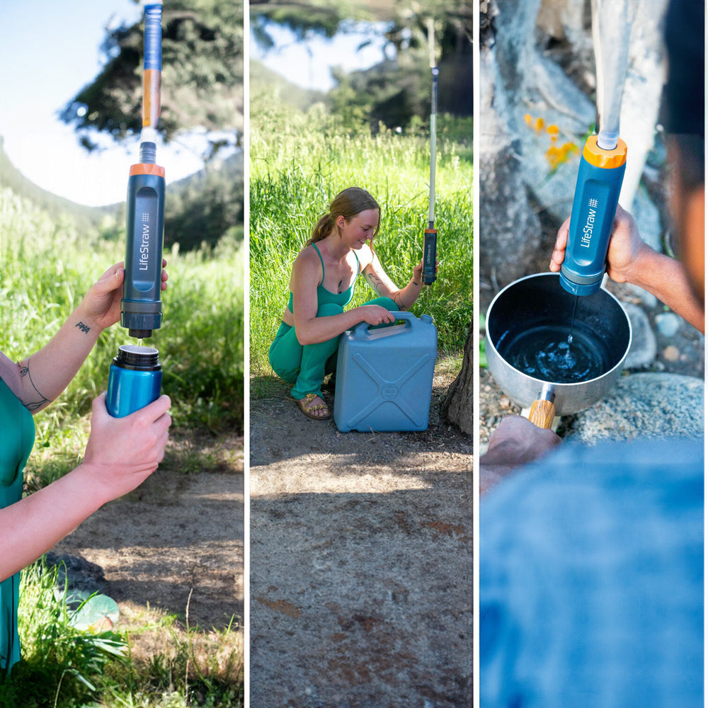 Frau füllt Wasser mit einem LifeStraw im Freien.