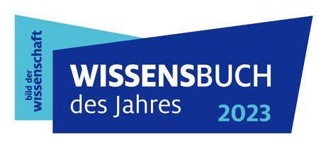 Logo mit blauer und hellblauer Form, Text "bild der wissensschaft", "WISSENSBUCH des Jahres 2023".