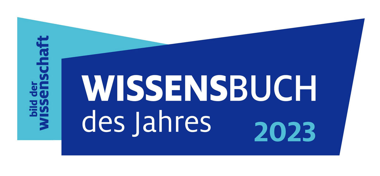 Grafik mit blauen und hellblauen geometrischen Formen, Text: "Bild der Wissensschaft WISSENSBUCH des Jahres 2023".