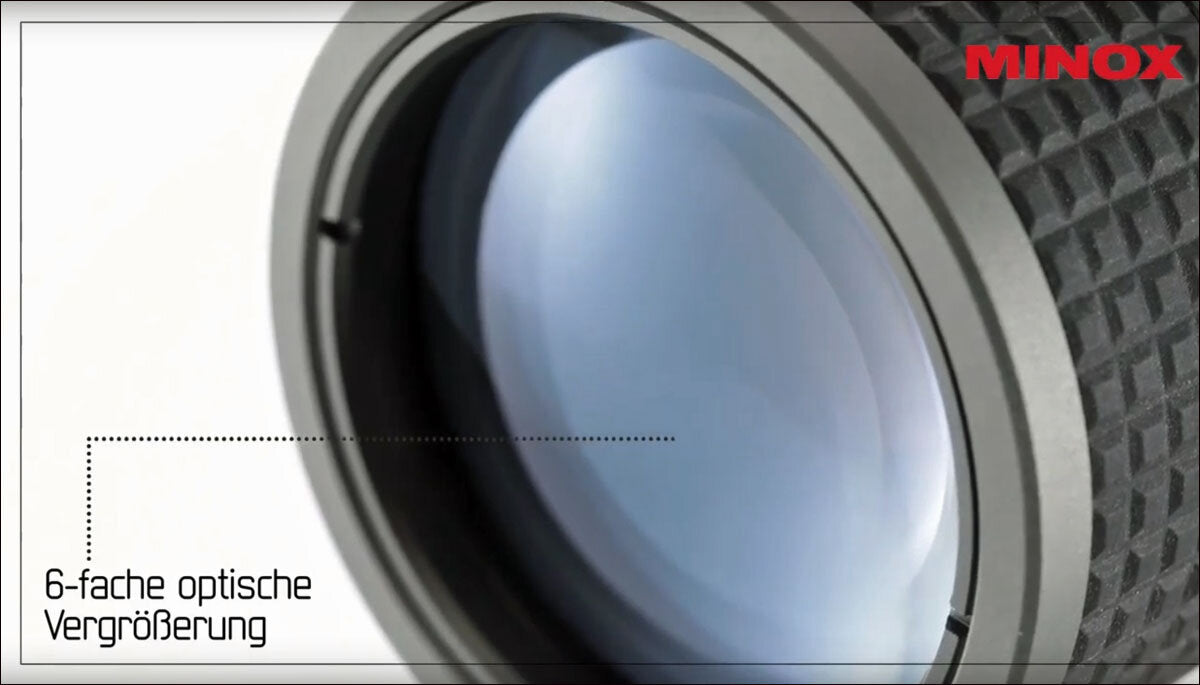 Nahaufnahme eines Objektivs mit 6-facher optischer Vergrößerung, Teil eines Minox-Geräts.