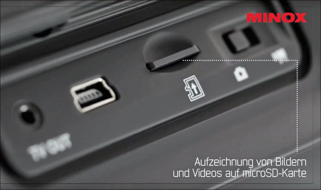 MikroSD-Kartenleser, USB-Anschluss, Kamera- und Lock-Symbole, Minox-Logo, Text: "Aufzeichnung von Bildern und Videos auf microSD