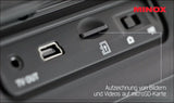 MikroSD-Kartenleser, USB-Anschluss, Kamera- und Lock-Symbole, Minox-Logo, Text: "Aufzeichnung von Bildern und Videos auf microSD