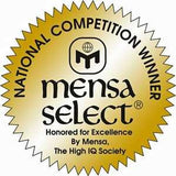 Goldene Abzeichen mit schwarzem Text: "National Competition Winner," "Mensa Select," und Mensa-Logo in der Mitte.