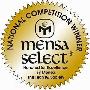 Goldene Abzeichen mit schwarzem Text: "National Competition Winner," "Mensa Select," und Mensa-Logo in der Mitte.