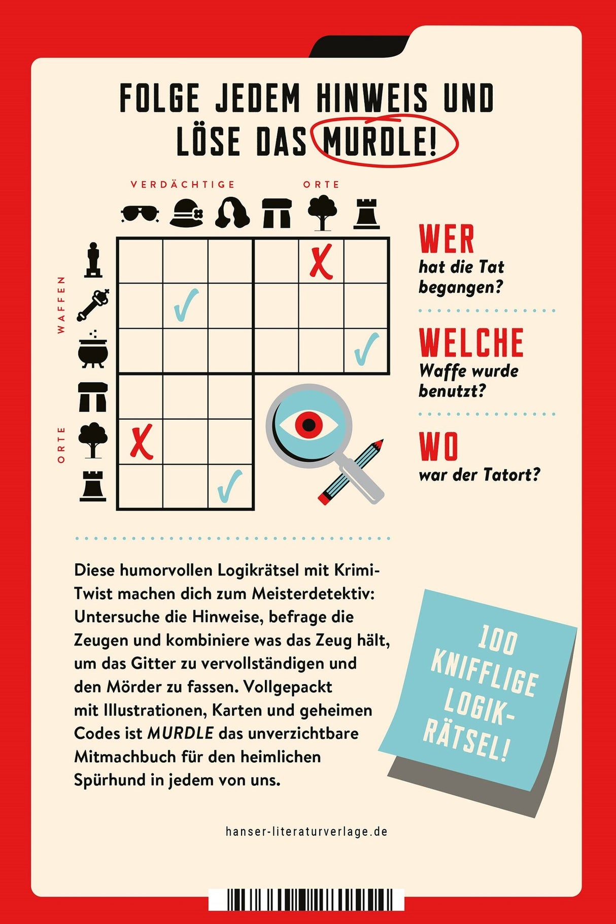 Anleitung für ein Logikrätsel mit Krimi-Twist, mit Symbolen, Texten und einem Titel "MURDLE" in roter Umrandung.