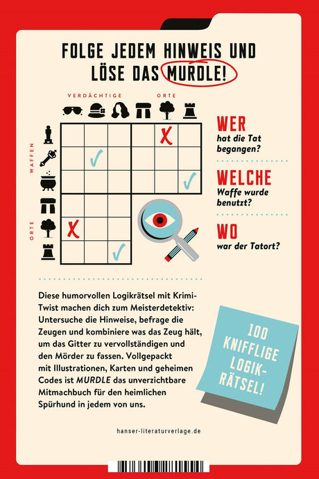 Anleitung für ein Logikrätsel mit Krimi-Twist, mit Symbolen, Texten und einem Titel "MURDLE" in roter Umrandung.