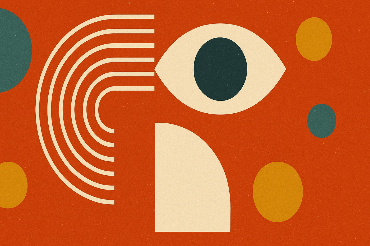Hintergrundgrafik Newsletter-Anmeldung: Modernes Retro-Design mit abstrakten Symbolen in Orange, Petrol und Creme.
