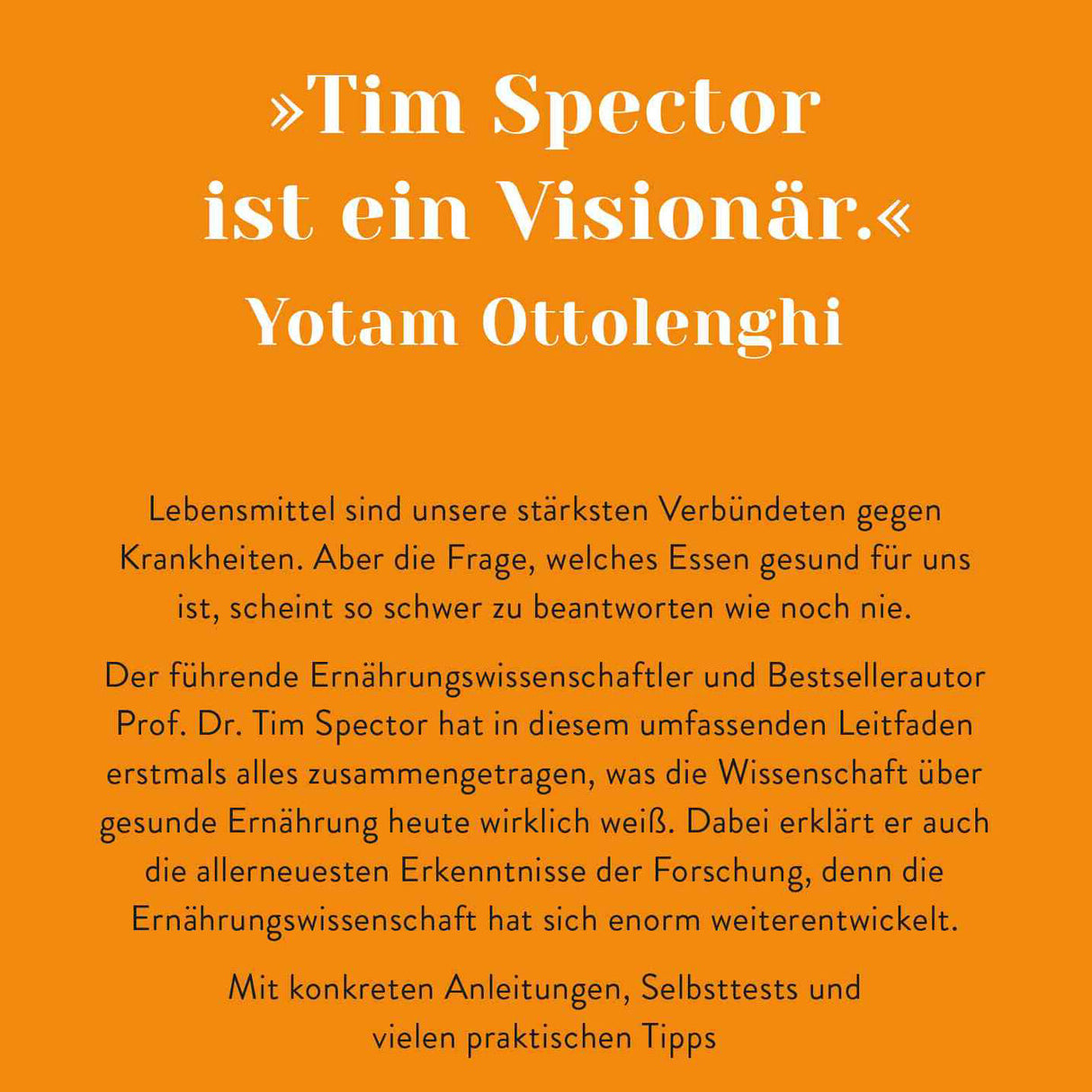 Zitat von Yotam Ottolenghi auf orangefarbenem Hintergrund, Text über Ernährung und Wissenschaft.