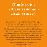 Zitat von Yotam Ottolenghi auf orangefarbenem Hintergrund, Text über Ernährung und Wissenschaft.
