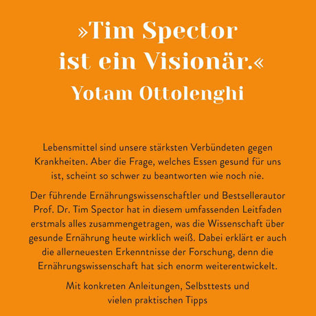 Zitat von Yotam Ottolenghi auf orangefarbenem Hintergrund, Text über Ernährung und Wissenschaft.