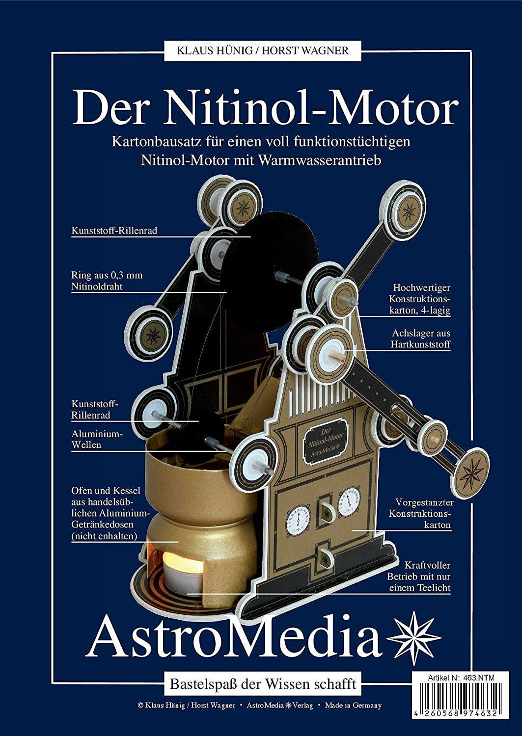 Diagramm eines Nitinol-Motors mit Beschriftungen zu einzelnen Komponenten, auf blauem Hintergrund, mit Text und Logo.