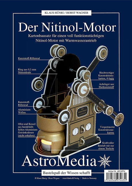 Diagramm eines Nitinol-Motors mit Beschriftungen zu einzelnen Komponenten, auf blauem Hintergrund, mit Text und Logo.