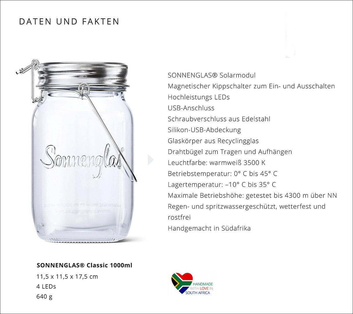 Glas mit "Sonnenglas" Aufschrift, Beschreibung der technischen Daten und Herstellerinformationen.