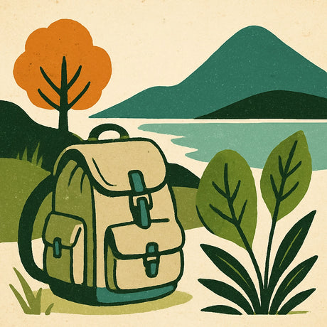 Ein Rucksack steht auf einem Hügel neben einem Baum in einer farbenfrohen Illustration.