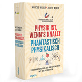 Buchcover mit Titel "Physik ist, wenn's knallt, phantastisch, physikalisch" und Illustrationen zu physikalischen Themen.