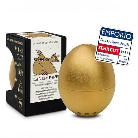 Goldenes Piepei mit Verpackung, Label mit Bewertung "Sehr Gut".