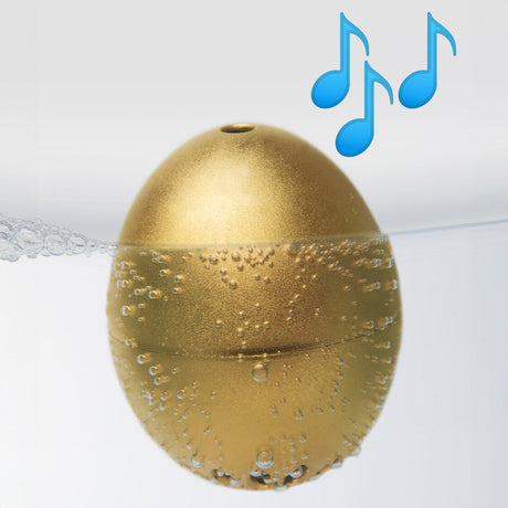 Goldenes Piepei im Wasser mit Blasen, darüber blaue Musiknoten.