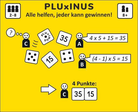 Grafik mit mathematischen Aufgaben, Figuren, Zahlen und einem lachenden Gesicht, Titel "PLUXINUS"