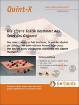 Spielanleitung für das Quint-X-Brettspiel mit schwarzen und roten Murmeln, Spielmaterial und Herstellerlogo.