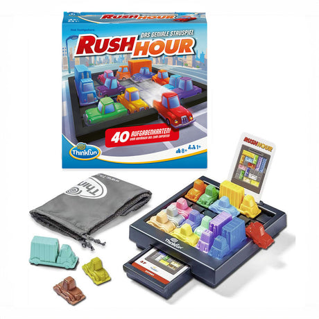 Brettspiel "Rush Hour" mit bunten Autos, Spielbrett, Aufgabenkarten und Aufbewahrungstasche.