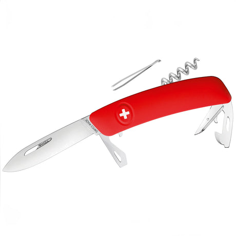 Schweizer Taschenmesser mit rotem Griff, Korkenzieher, Zange und Pinzette.