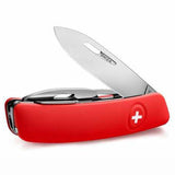 Rotes Taschenmesser mit Schweizer Kreuz-Logo, geöffnet mit einem Messer.
