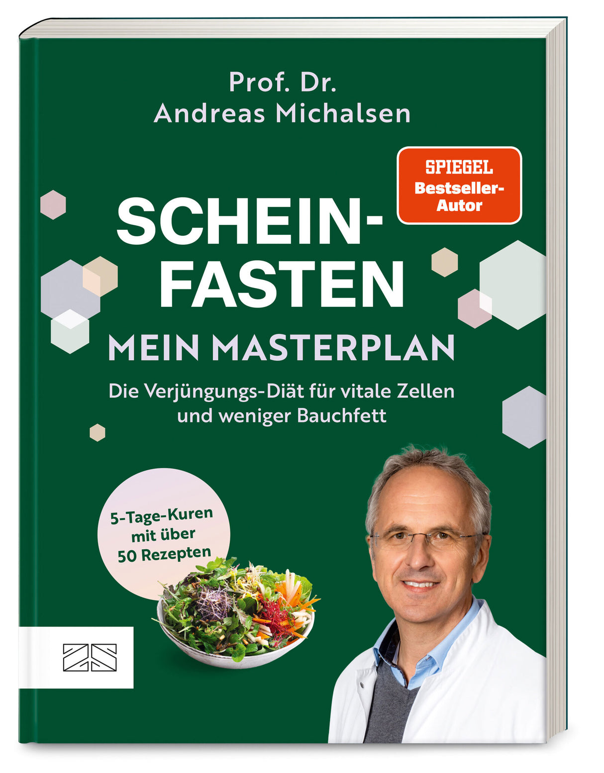 Buchcover mit Titel, Autor, Foto eines Mannes in Arztkleidung, Salatbild und Text zu Rezepten und Diät.