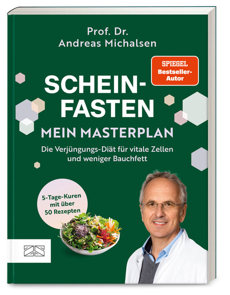 Buchcover mit Titel, Autor, Foto eines Mannes in Arztkleidung, Salatbild und Text zu Rezepten und Diät.