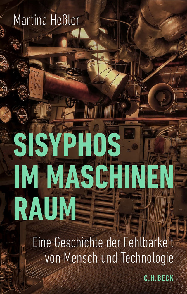 Maschinenraum mit Rohren, Ventilen und Messgeräten, Buchcover mit Titel "Sisyphos im Maschinenraum" und Untertitel.