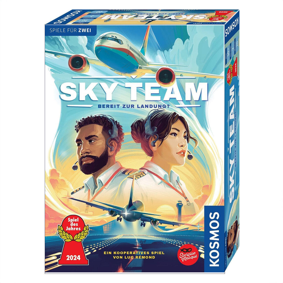 Brettspiel-Box mit Illustration eines Flugzeugs, zwei Piloten, Flughafen und Himmel, Titel "Sky Team", für 2 Spieler.