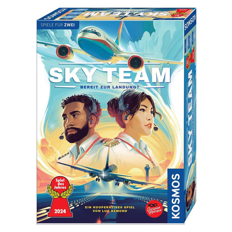 Brettspiel-Box mit Illustration eines Flugzeugs, zwei Piloten, Flughafen und Himmel, Titel "Sky Team", für 2 Spieler.