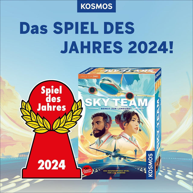 Grafik mit dem Logo "Spiel des Jahres 2024" und einem Bild des Brettspiels "Sky Team" mit zwei Piloten auf dem Cover.