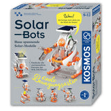 Baukasten-Set mit solarbetriebenen Robotern in orange und weiß, mit Solarzellen und beweglichen Gliedern.