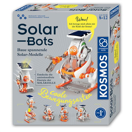 Baukasten-Set mit solarbetriebenen Robotern in orange und weiß, mit Solarzellen und beweglichen Gliedern.
