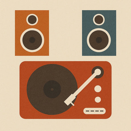 Illustration, das einen Plattenspieler und Lautsprecher in einem stilvollen Arrangement zeigt.