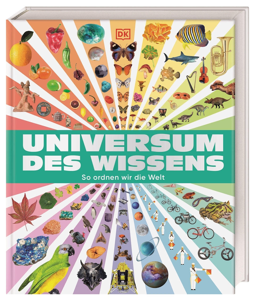Buchcover mit bunten Illustrationen von Tieren, Pflanzen, Gegenständen und Symbolen, die das Wissen über die Welt darstellen.