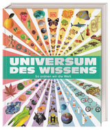 Buchcover mit bunten Illustrationen von Tieren, Pflanzen, Gegenständen und Symbolen, die das Wissen über die Welt darstellen.