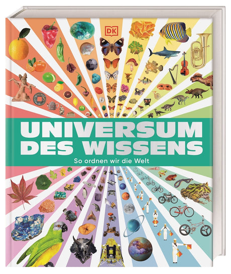 Buchcover mit bunten Illustrationen von Tieren, Pflanzen, Gegenständen und Symbolen, die das Wissen über die Welt darstellen.