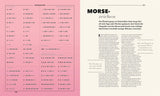 Seite mit Tabelle zu Morsezeichen, Buchstaben, Zahlen, Sonderzeichen und Notrufsignale, links pink, rechts Text auf weißem Hinterg
