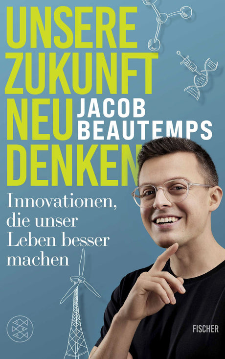 Buchcover mit einem lachenden jungen Mann, Text in großen Buchstaben, Windkraft- und DNA-Illustrationen, Autor: Jacob Beautemps.