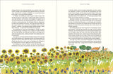 Illustration eines Sonnenblumenfelds mit kleinen Häusern und Bäumen im Hintergrund.