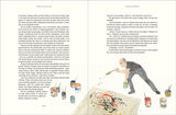 Illustration eines Mannes beim Malen mit Farben und Pinsel, neben einer Farbpalette und einem Kunstwerk auf dem Boden.
