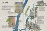 Skizze und Text über New York in den 1950er Jahren, mit Gebäuden, Straßen, Flüssen und historischen Hinweisen.