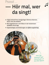 Ein Mann mit Fernglas, zwei kleine Vögel auf Zweigen, Text mit Tipps zum Vogelbeobachten.