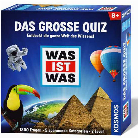 Brettspiel-Box mit Titel "Das große Quiz", zeigt Pyramiden, Hot Air Balloons, Papagei, Astronaut und Erde, für Kinder ab 8 Jahren.