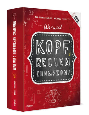 Buchcover mit rotem Hintergrund, Titel "Wer wird Kopf rechnen Champion?" und Illustrationen von Mathe-Symbolen und einem Pokal.