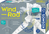 Grafik eines Windrad-Modells mit Texten zu erneuerbarer Energie, Windkraft und Akku-Ladung, im Hintergrund Wolken und Windlinien.