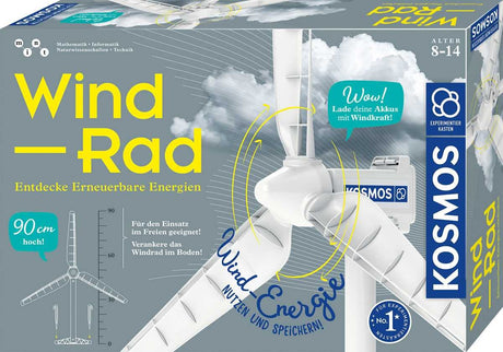 Grafik eines Windrad-Modells mit Texten zu erneuerbarer Energie, Windkraft und Akku-Ladung, im Hintergrund Wolken und Windlinien.